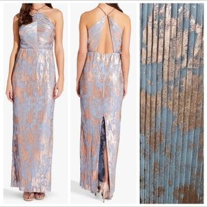 ✨HP✨Adrianna Papell Blue and Gold Metallic Pleated Chain Strap Halter Maxi Dress